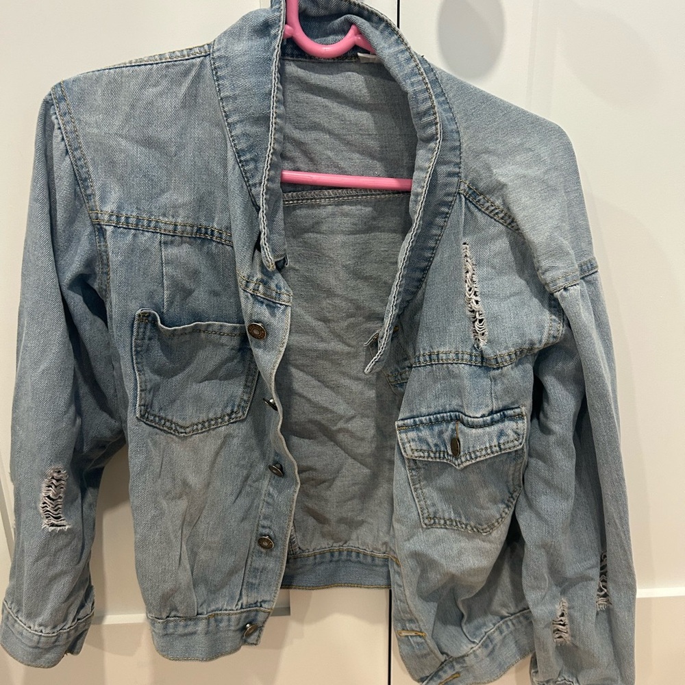 Trendy Light Blue Distressed Jacket